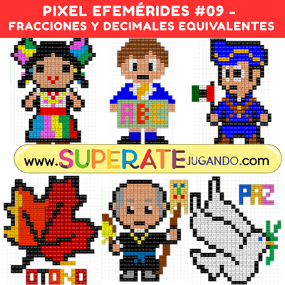 Pixeles de Efemérides de Septiembre con actividades de fracciones y decimales equivalentes para matemáticas.